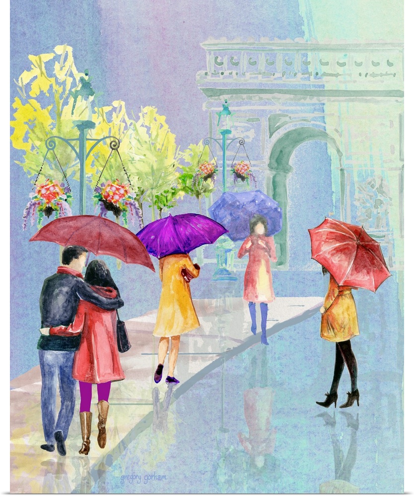 A delicate watercolor scene evokes a rainy romantic Paris in the spring.