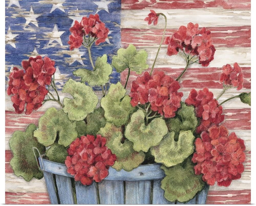 Geraniums with a flag backdrop evoke Americana.