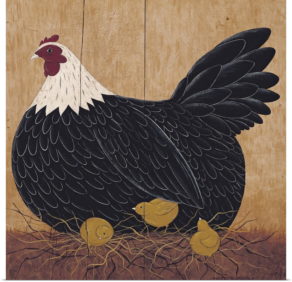 Portrait folk art on a big wall hanging of chicken sitting on a pile of straw, while several tiny chicks explore around he...