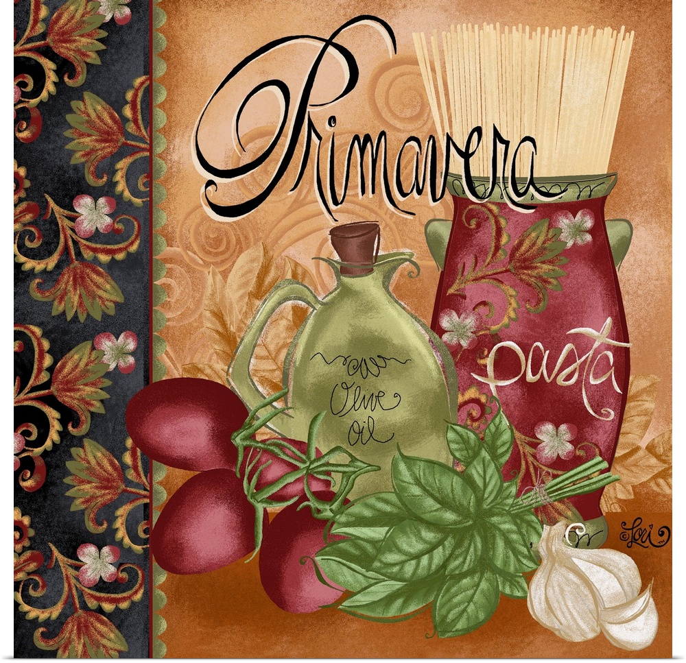 Artwork of an Italian food theme, with a vase of uncooked pasta, a jar of olive oil, tomatoes, basil, and onions.  The bac...