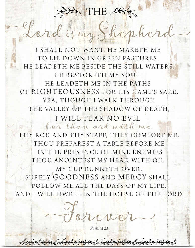 Psalm 23 on a white shiplap wood background.