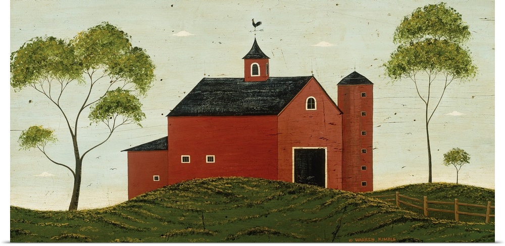 Folk art featuring a farm building and three trees with a wooden fence on a rolling hill with clear skies.