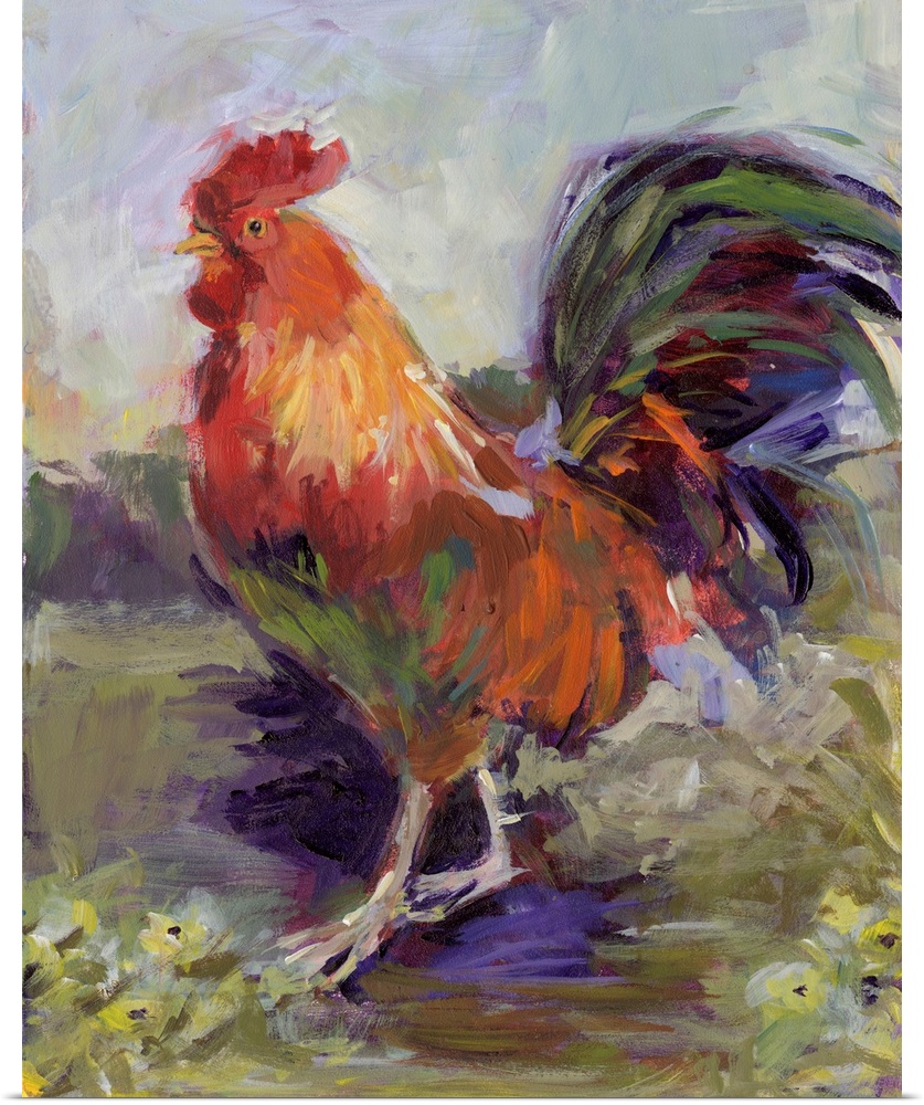 This red rooster struts his stuff in this bold abstract farm scene.