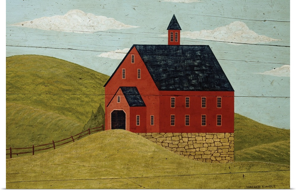 Simplistic drawing of a red barn built up on a stone foundation nestled in the rolling green countryside hills.
