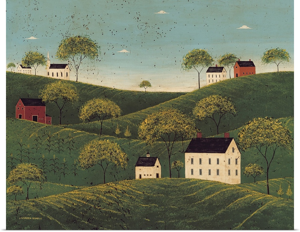 This rustic folk art painting shows Georgian Colonial farmhouses perched on hilltops in the middle of stylized farmland.