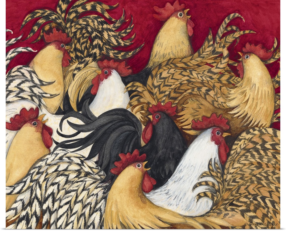Colorful, intricate rooster imagery with rich palette great for kitchen, dining room, home decor.