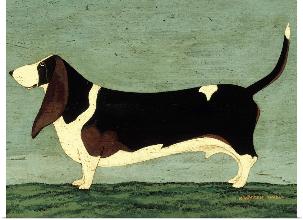 This whimsical drawing is of a beagle dog standing on a patch of grass with the sky behind it that appears to be scratched.