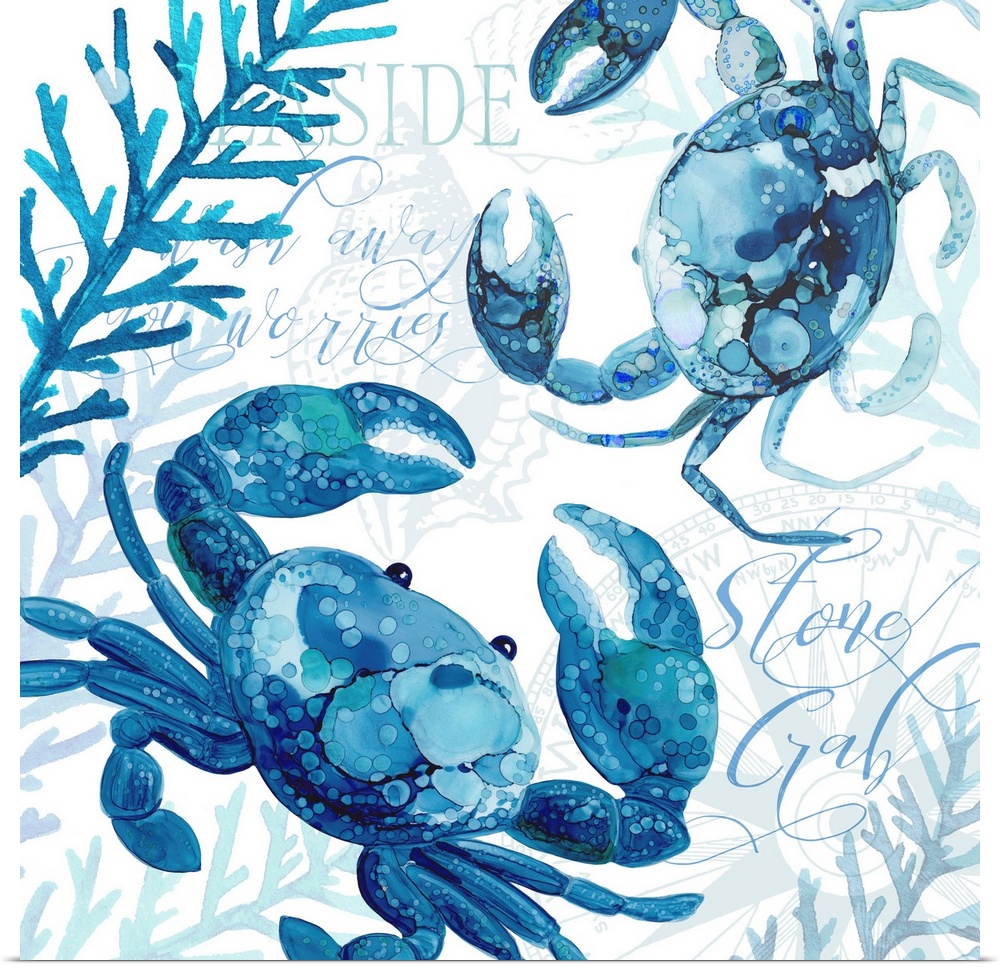 The beauty of ocean life is on display with this blue-toned crab scene.