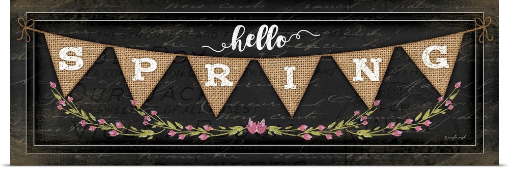 "Hello Spring" on a bunting banner with flowers.