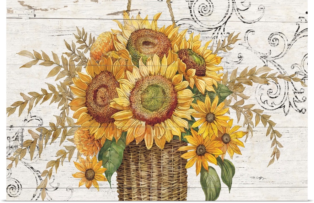 A rustic basket overflowing with sunflowers