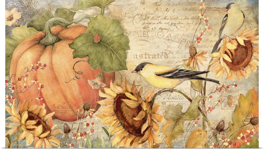 Goldfinches, pumpkins and sunflowers make a stunning harvest montage!