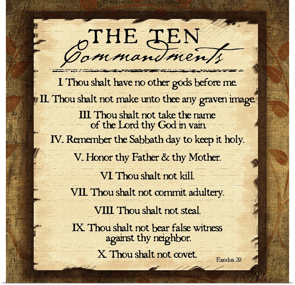 This large square piece lists the ten commandments with a decorative border around them.
