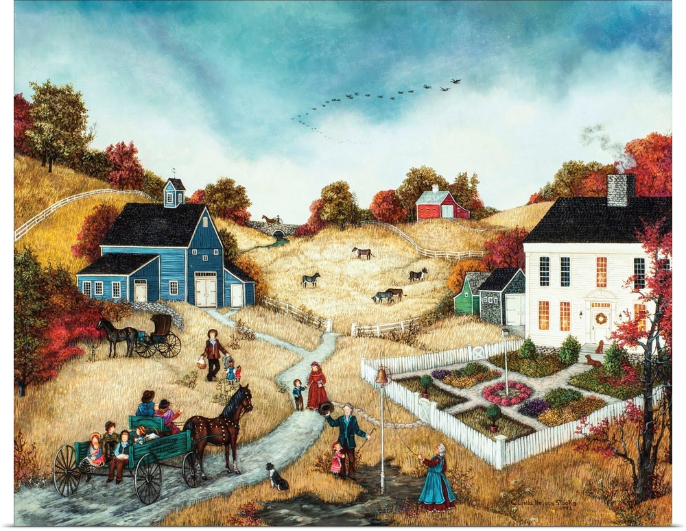 A contemporary painting of a countryside village scene at Thanksgiving.