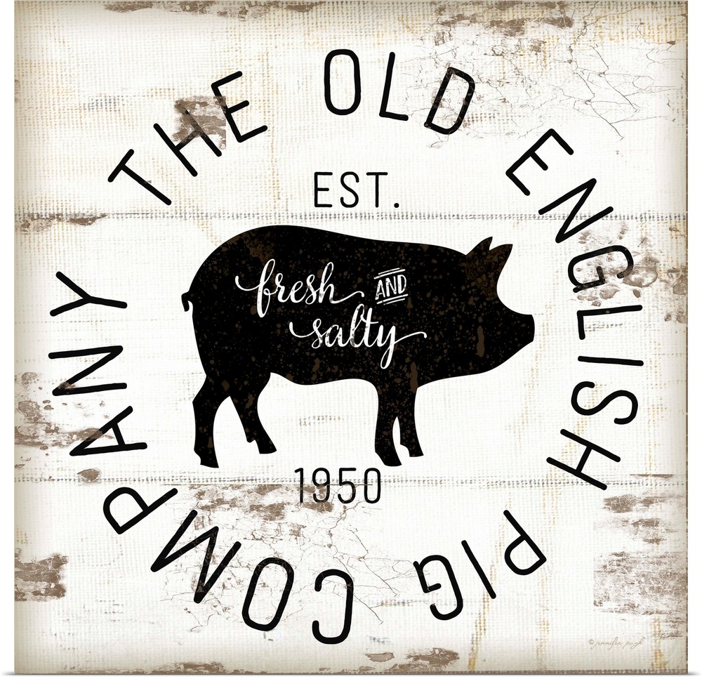 A digital illustration of "The Old Pig Company" on a white shiplap background.