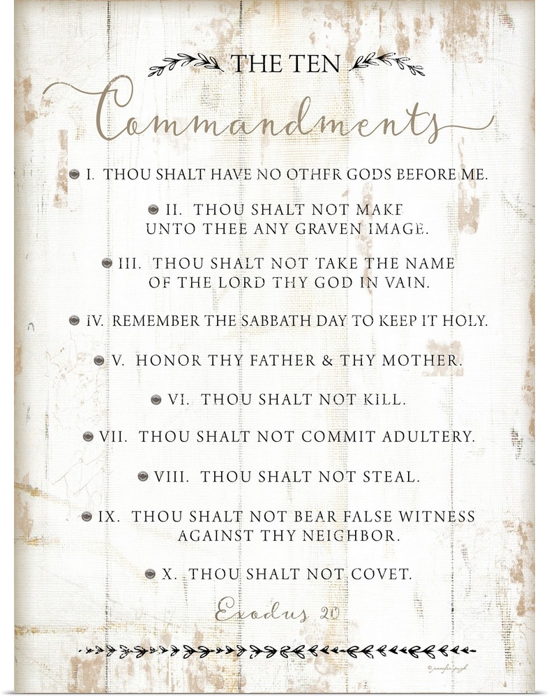 The Ten Commandments on a white shiplap wood background.