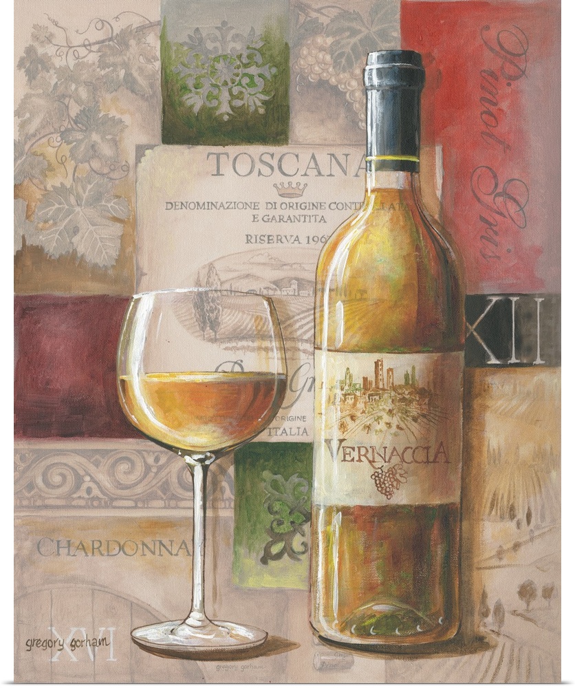 Classic wine tableau scene adds an elegant touch to a dining room kitchen or study.