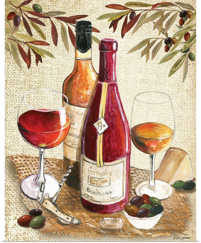 Mediterannean flavor is capture in this wine and olive scene.