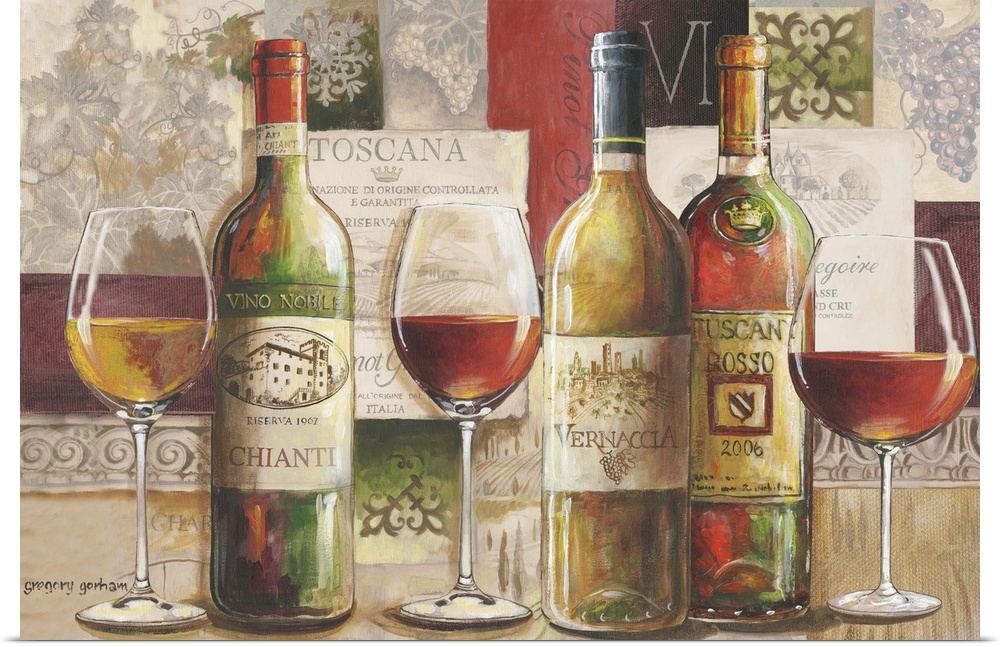 A classic collage treatment gives this wine an elegant look perfect for dining room decor.