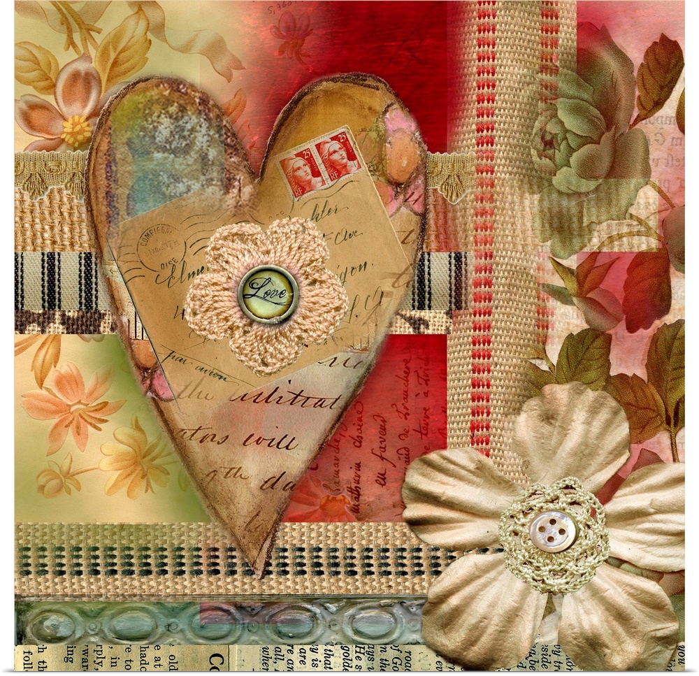 Vintage heart ephemera collage with textural feel, beautiful for any room