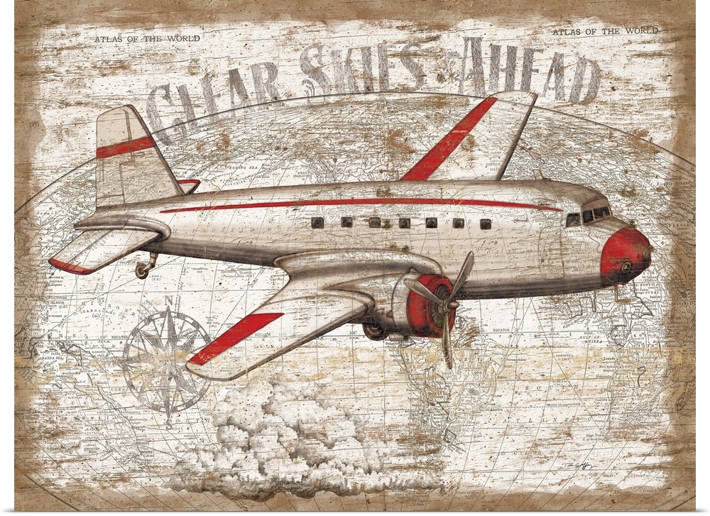 Big wall docor of a retro airplane with the text "Clear Skies Ahead" above it on top of a grungy background.