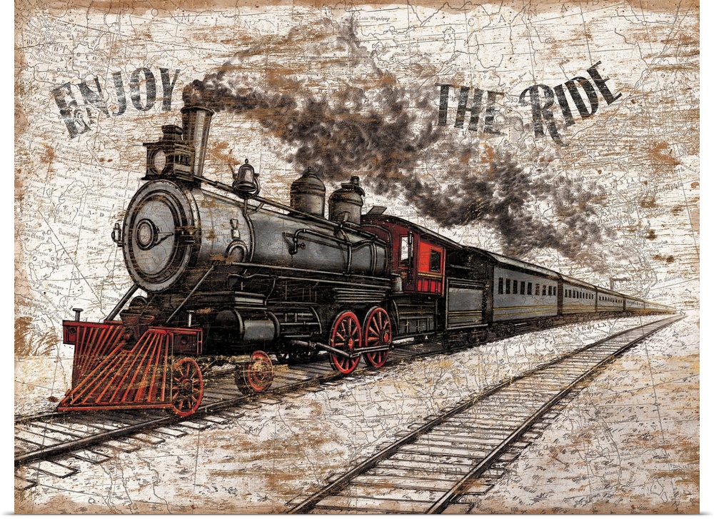 Horizontal, big canvas art of a steam train moving along the tracks, the text "Enjoy the ride" at the top of the image.  T...