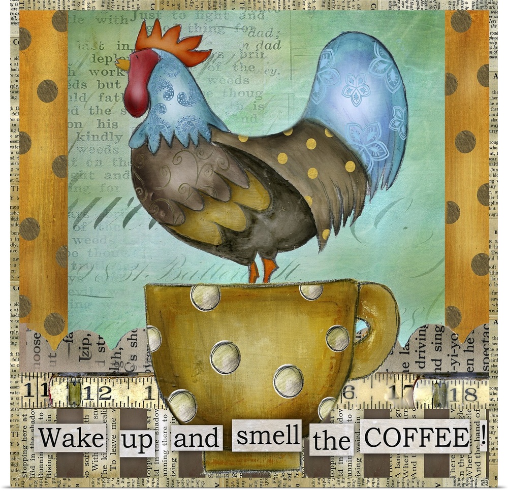 Large landscape home art docor of a colorful rooster with patterns in its feathers, standing in a large coffee cup, the ba...