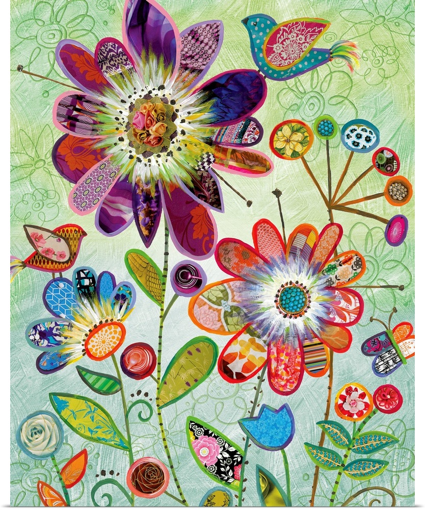Stylized birds rest on the blossoms of oversized flowers in this kaleidoscope of color and textures collaged together on a...