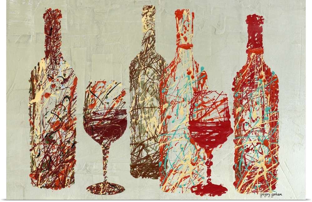 Contemporary, abstract interpretation of wine bottles and glasses.