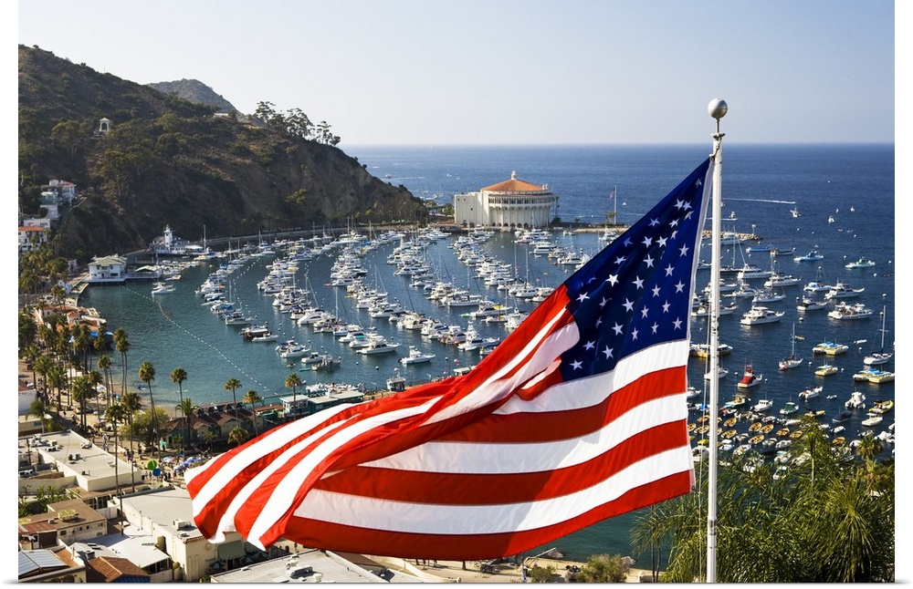 USA, Catalina Island. This is the famous spot to photograph Avalon harbor. A house displays its patriotism.