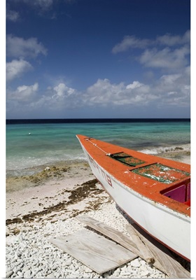 ABC Islands, Bonaire, Pink Beach, Beach View with Fishing Boat