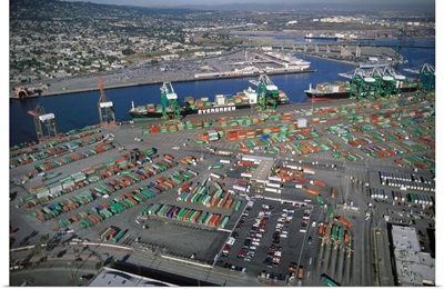 Aerial view of container yard with ships at Port of Long Beach, California