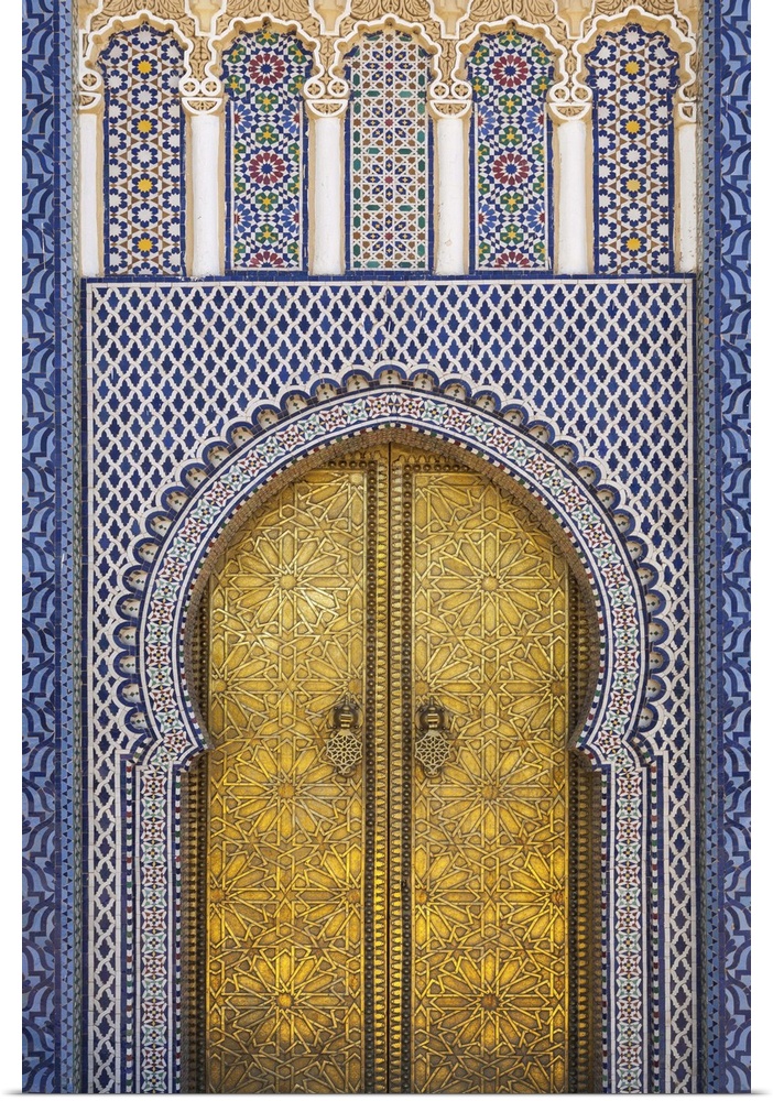 Africa, Morocco, Fes. Detail of the King's Palace ornate doors.