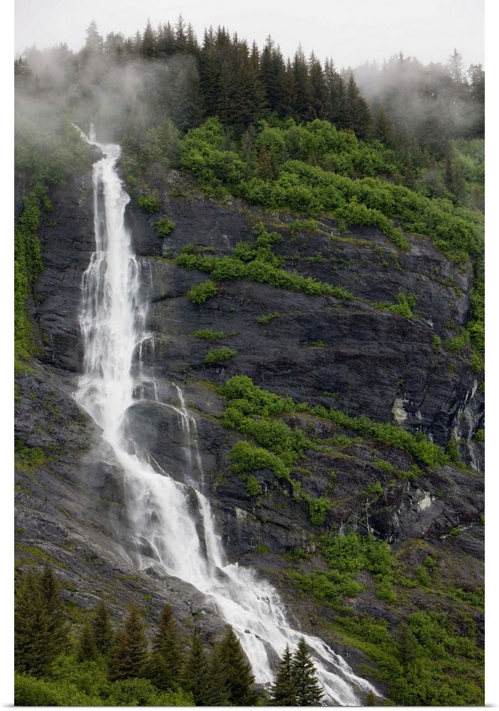 USA, Alaska, Prince William Sound, waterfall in rainforest along Harriman Fiord on rainy summer afternoon.