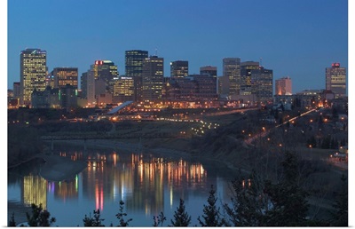 Alberta, Edmonton, Downtown Skyline, Evening from above North Saskatchewan River