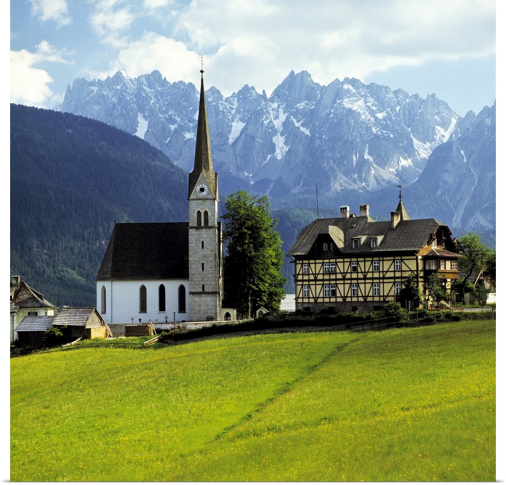 Europe, Austria, Gosau. The village of Gosau sits at the base of the Dachstein Alps, a World Heritage Site, in central Aus...