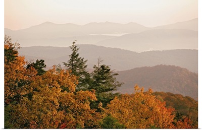 Autumn colors in the Appalachian Mountains at sunrise, North Carolina