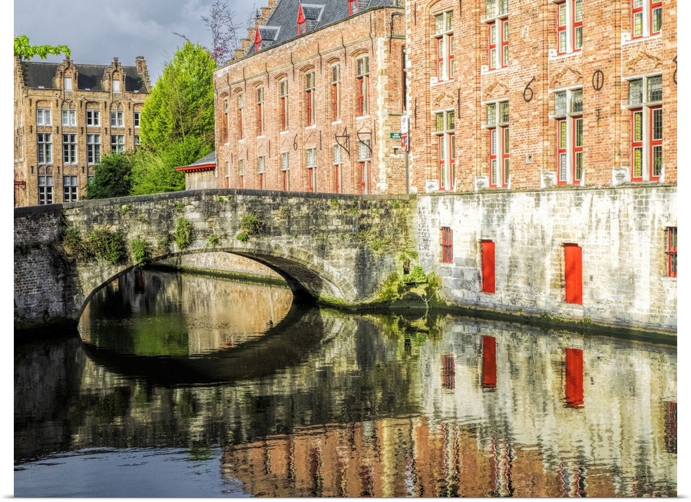 Belgium, Brugge. Reflections of medieval buildings along canal.