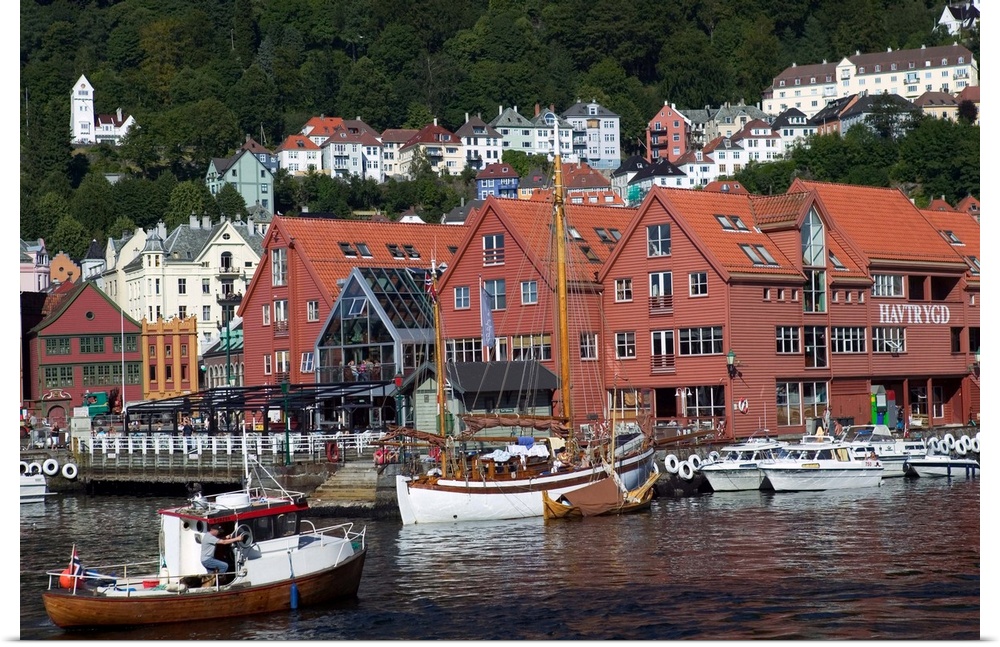 In the back drop of Bryggens ancient buildings  Bergen's harbor offers tours, and mooring for a varity of boats