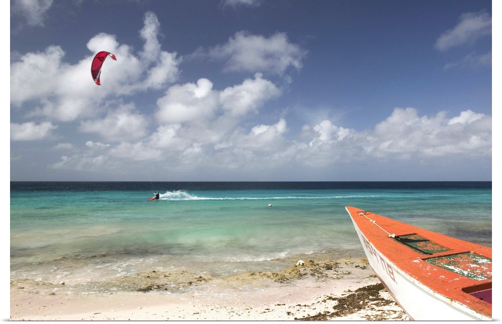 ABC Islands-BONAIRE-Pink Beach:.Beach View with Fishing Boat