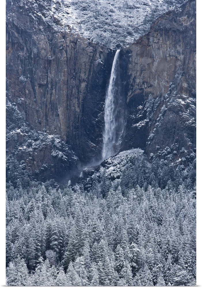 Bridalveil Fall and Yosemite valley after a snow storm, Yosemite National Park, California.