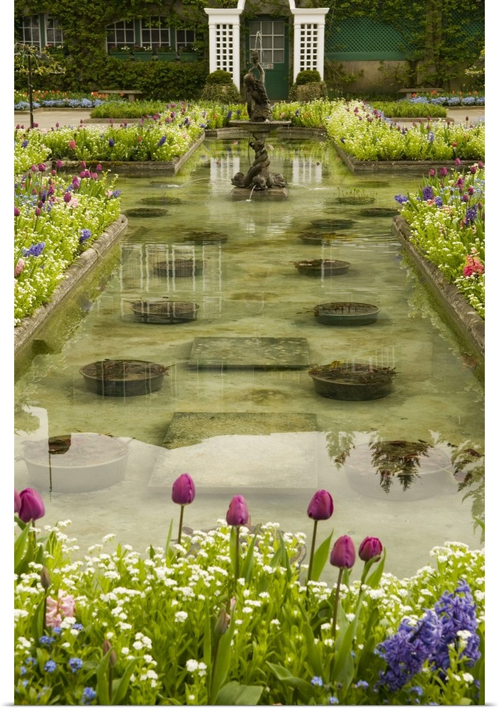 North America, Canada, British Columbia, Butchart Gardens.  Formal reflecting pool surrounded by profuse spriing bloom