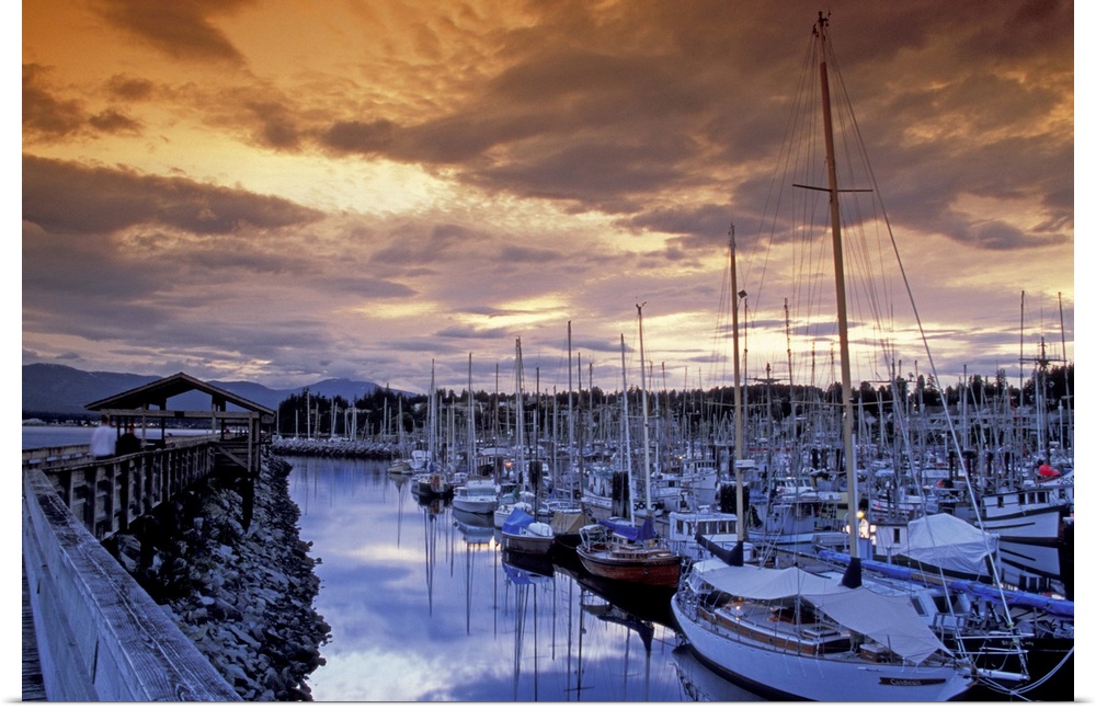 NA, Canada, BC, Comox Harbor.boats, sunset.filtered sky