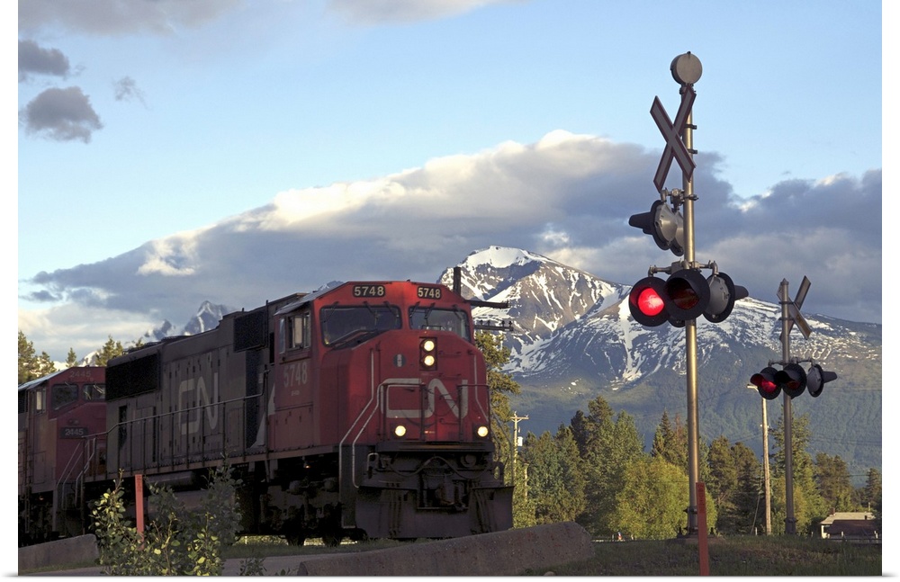 Canada:  British Columbia, Valemount, train tracks and light in front of Canoe Mountain