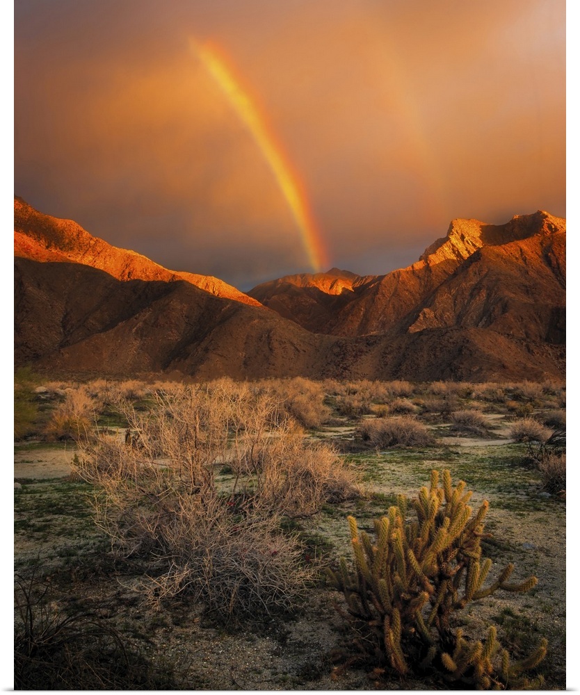 USA, California, Anza-Borrego Desert State Park. Rainbow over desert mountains at sunrise.