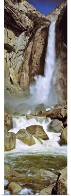 California, Yosemite Falls pounds the rocks at its base in Yosemite National Park