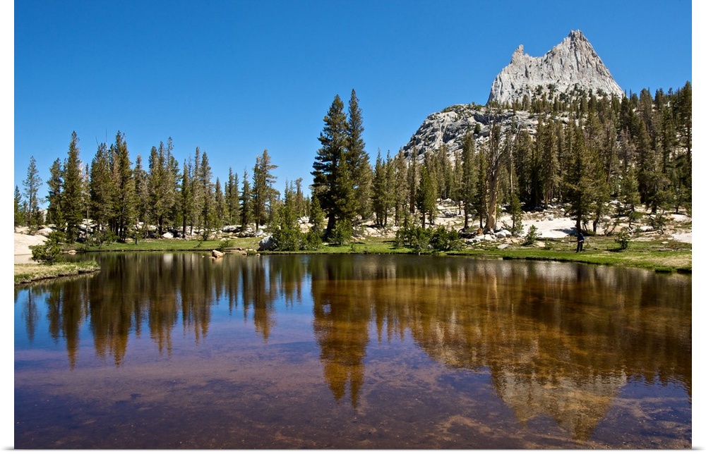 North America, USA, California, Yosemite National Park. Cathedral Peak reflected in a glacial tarn.