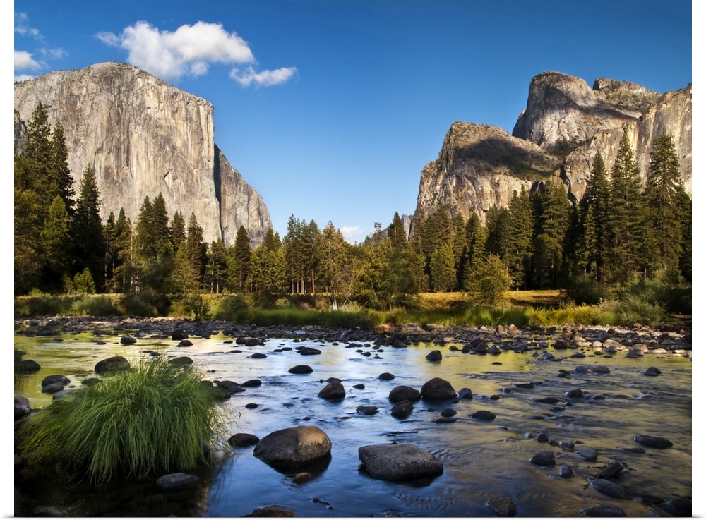 USA, California, Yosemite National Park, The Merced River, El Capitan, and Cathedral Rocks in Yosemite Valley