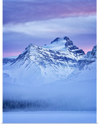 Canada, Alberta, Banff National Park, Dusk And Fog At Mount Hector And Bow Lake