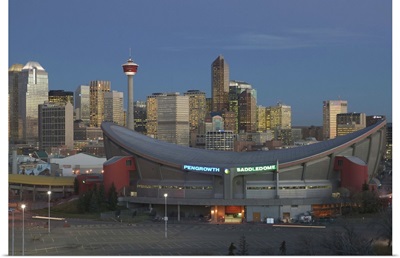 Canada, Alberta, Calgary, City Skyline from Ramsay Area, Dawn with Saddledome