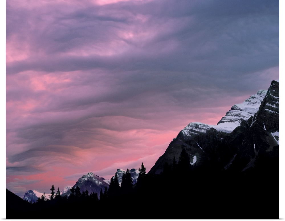 Canada, Alberta, Rocky Mountains. The setting sun colors the clouds above the Canadian Rockies, Alberta, Canada.